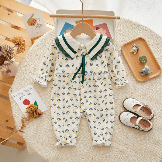 Pastoral Style Long-Sleeved Baby Romper with Green Beret for 0 to1 year old Infant/Toddlerr