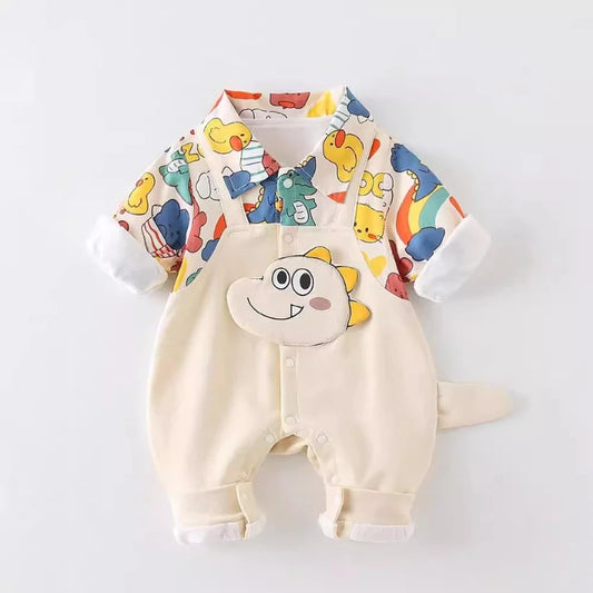 Long Sleeved Cotton Doodle Baby Boy Romper Jumpsuit with Cute Dinosaur 0–18 Months