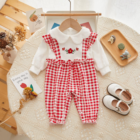 Chequered Lace Collar Baby Girl Romper