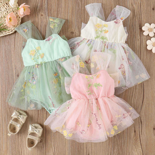 Embroidered Baby Suspender Romper – Mesh Princess Floral Design