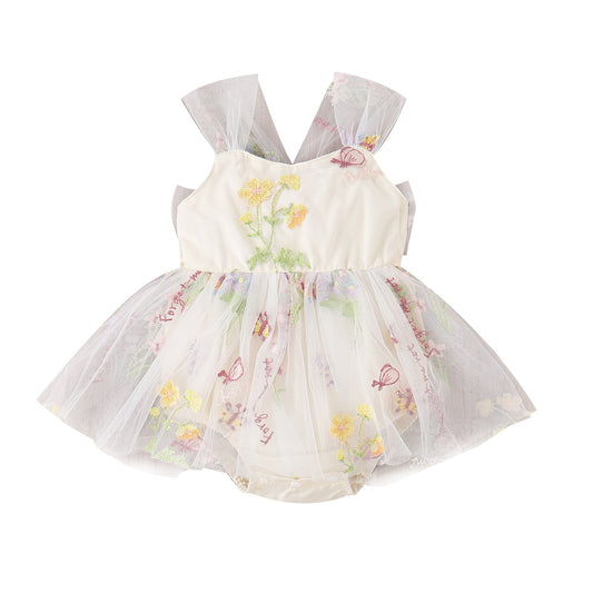 Embroidered Baby Suspender Romper – Mesh Princess Floral Design