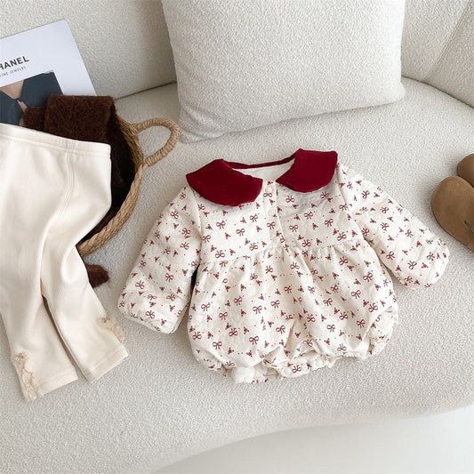 Long Sleeved Dress-Like Velvet Puffy Baby Girl Onesie With Bow Details