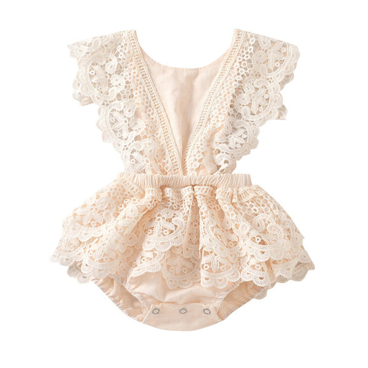 Solid Color lacey Lace-Up Baby Romper – Stylish Backless Summer Jumpsuit
