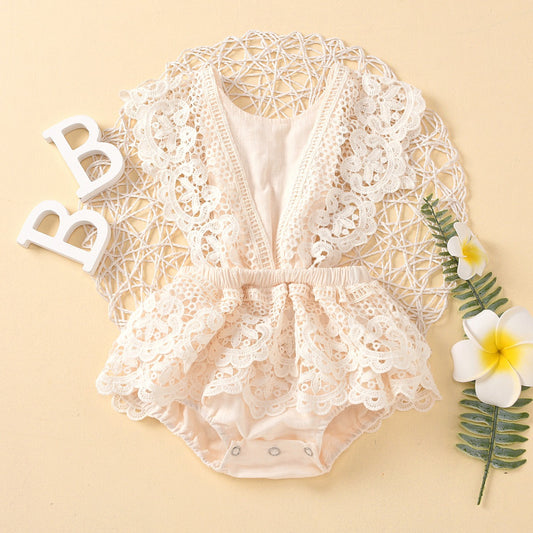 Solid Color lacey Lace-Up Baby Romper – Stylish Backless Summer Jumpsuit
