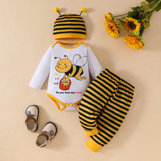 Little Bee Baby Outfit – Unisex Khaki Striped Romper & Tentacle Hat Set