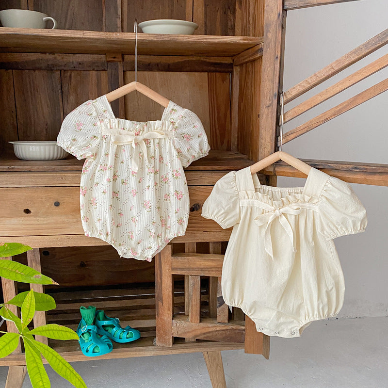 Summer Baby Girl Onesie with Puffy Sleeves & Floral Bow