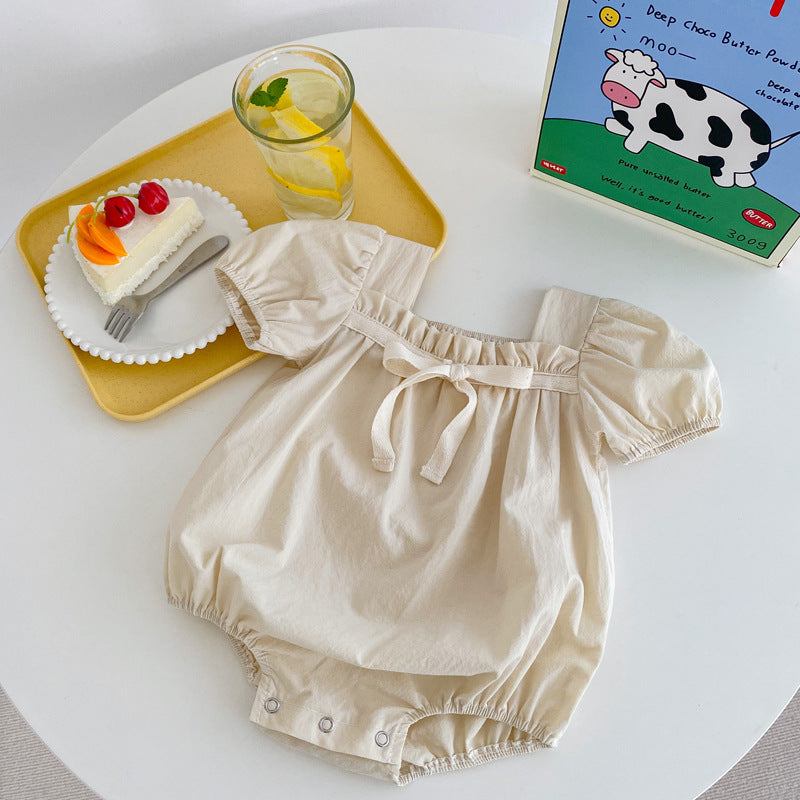 Summer Baby Girl Onesie with Puffy Sleeves & Floral Bow