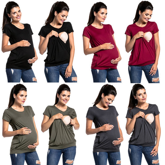 Maternity Fashion Breastfeeding T-Shirt – Round Neck Short Sleeve Top