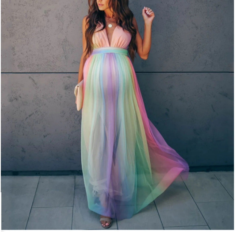 Japanese Style Maternity Photo Dress – Mesh Splicing Short Sleeve Gown