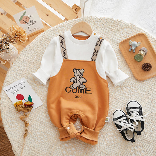 Two-Piece Style Long Sleeve Baby Boy Romper with Bear Print