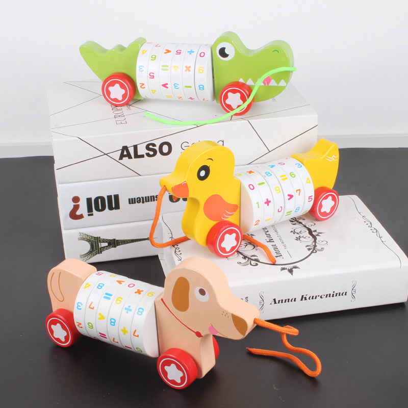 Wooden Animal Pull Toys – Crocodile, Dog, Duck & Digital Tractor Set