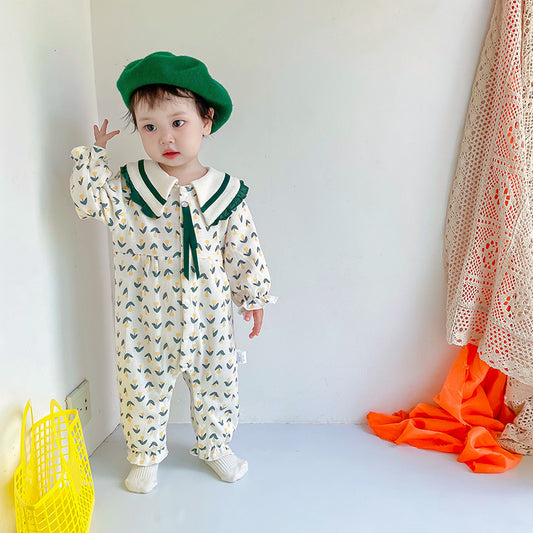 Pastoral Style Long-Sleeved Baby Romper with Green Beret for 0 to1 year old Infant/Toddlerr
