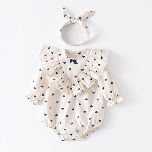 Ruffled Cotton Baby Girl Onesie & head band - Cozy Outfit for Newborns & Infants with Love Heart Prints