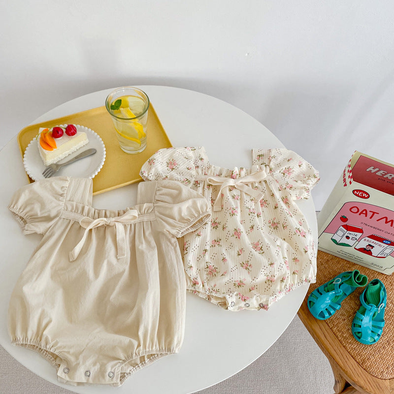 Summer Baby Girl Onesie with Puffy Sleeves & Floral Bow