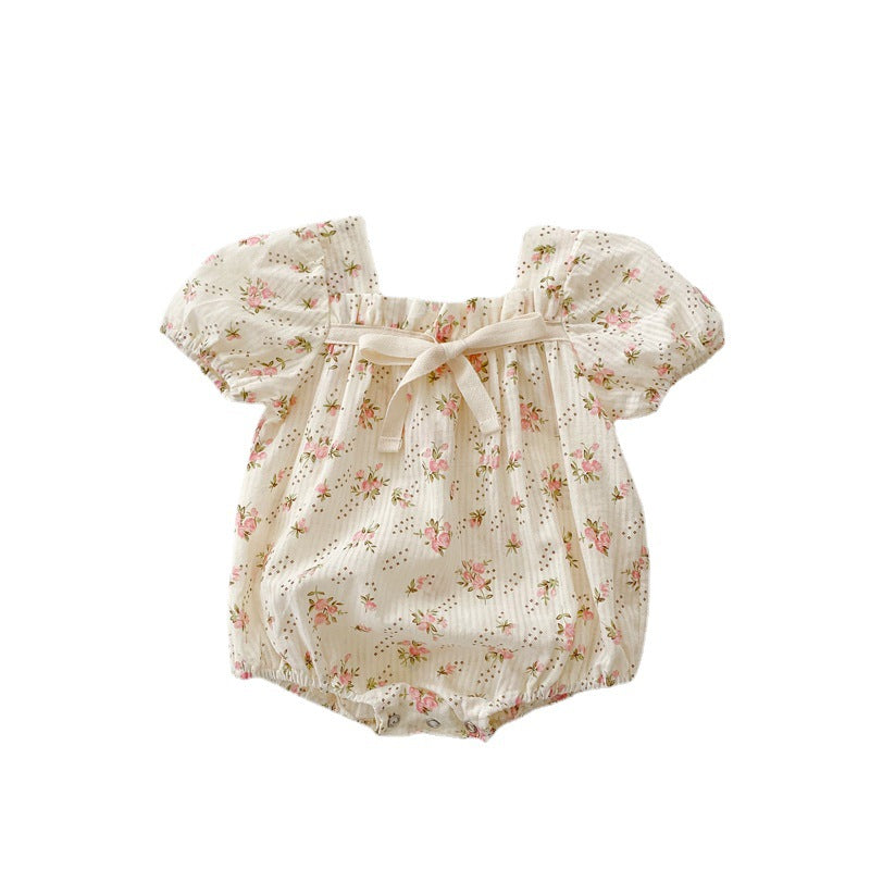 Summer Baby Girl Onesie with Puffy Sleeves & Floral Bow