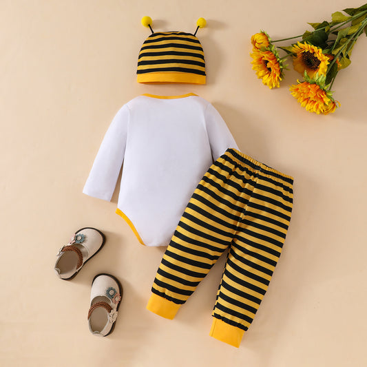 Little Bee Baby Outfit – Unisex Khaki Striped Romper & Tentacle Hat Set