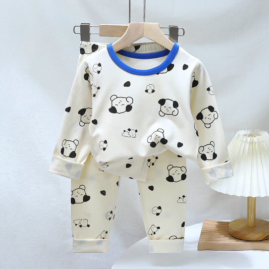 Unisex 2 pc Kids Long Sleeved Cotton Pajama Set with Cartoon Prints - Pants & Top Sleepwear for Boy and Girl